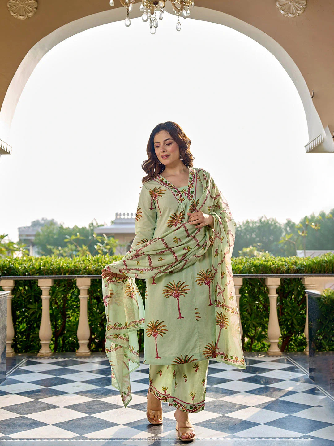 Tree Print A-Line Style Cotton Pleated Yoke Design Kurta Trouser Dupatta Set