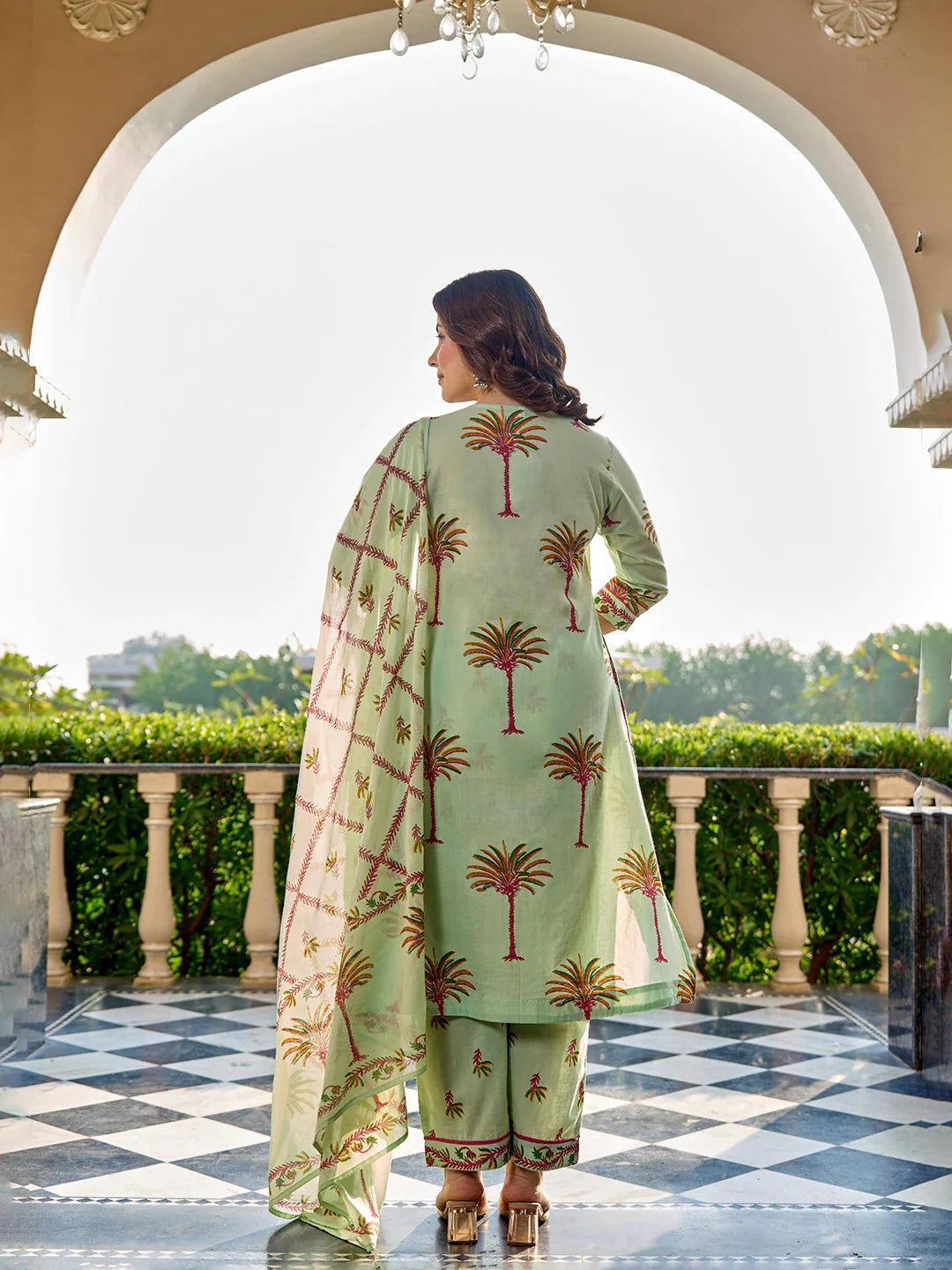 Tree Print A-Line Style Cotton Pleated Yoke Design Kurta Trouser Dupatta Set