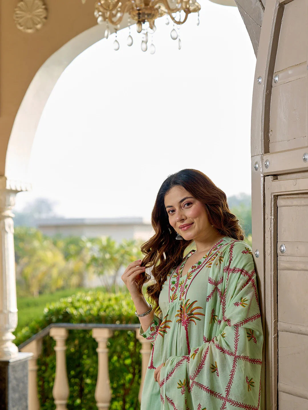 Tree Print A-Line Style Cotton Pleated Yoke Design Kurta Trouser Dupatta Set
