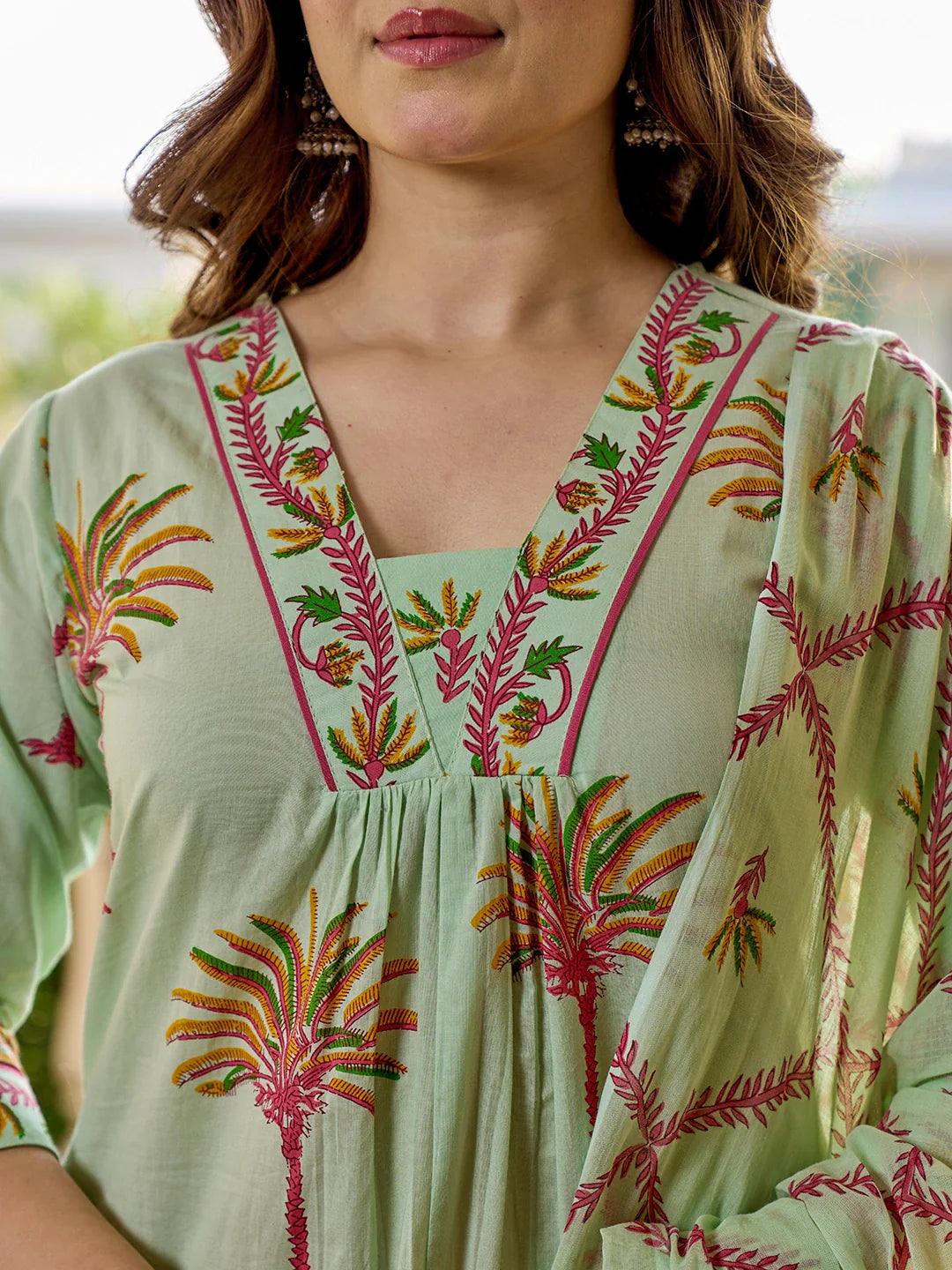 Tree Print A-Line Style Cotton Pleated Yoke Design Kurta Trouser Dupatta Set