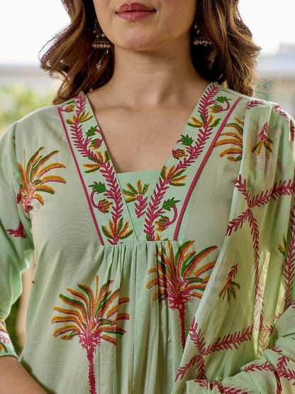 Tree Print A-Line Style Cotton Pleated Yoke Design Kurta Trouser Dupatta Set