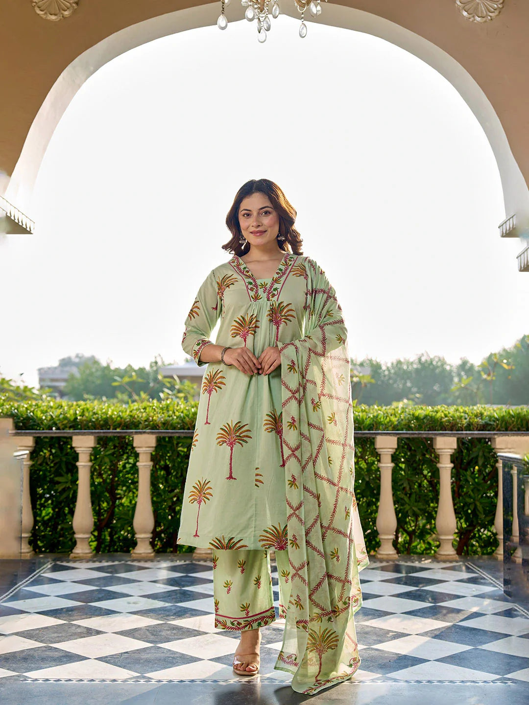 Tree Print A-Line Style Cotton Pleated Yoke Design Kurta Trouser Dupatta Set