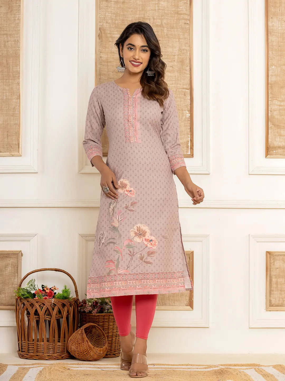 Women's Peach Cotton Peach Cotton A Line Kurta With Digital Print by Yufta, suitable for wholesale buyers, boutiques, retailers, resellers and bulk fashion orders from Trendphoria