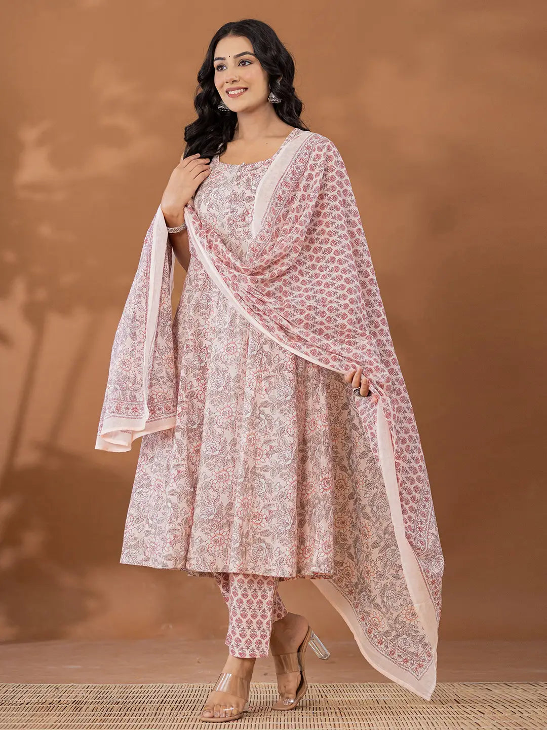 Peach Cotton Anarkali Square Neck Kurta Dupatta Set