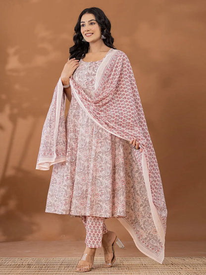 Peach Cotton Anarkali Square Neck Kurta Dupatta Set
