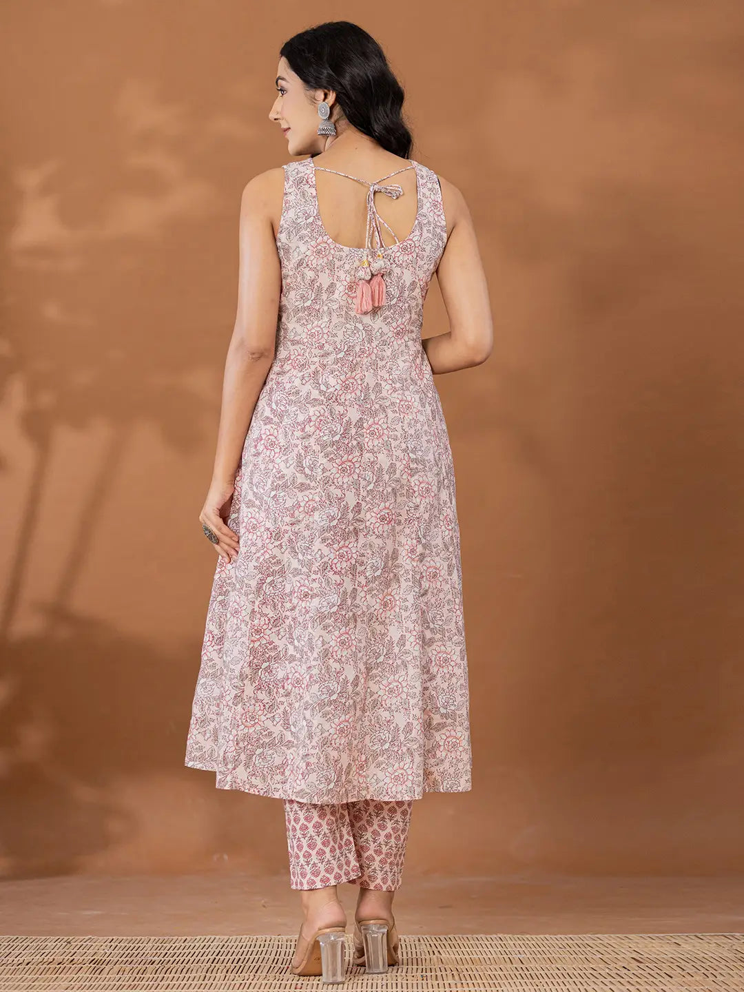 Peach Cotton Anarkali Square Neck Kurta Dupatta Set