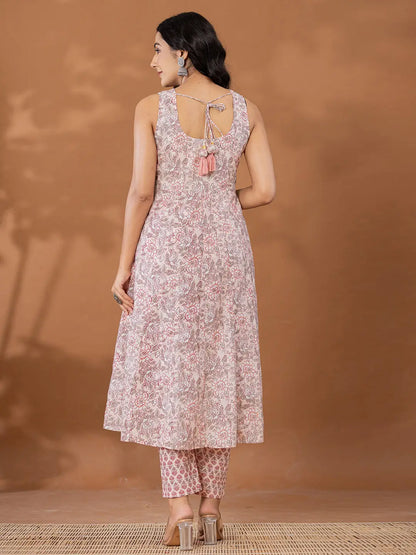 Peach Cotton Anarkali Square Neck Kurta Dupatta Set