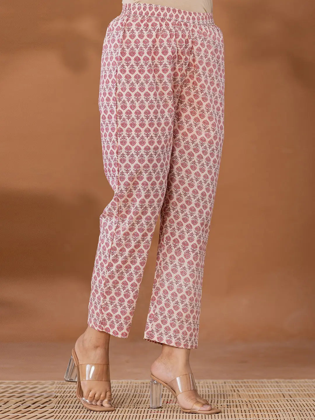 Peach Cotton Anarkali Square Neck Kurta Dupatta Set