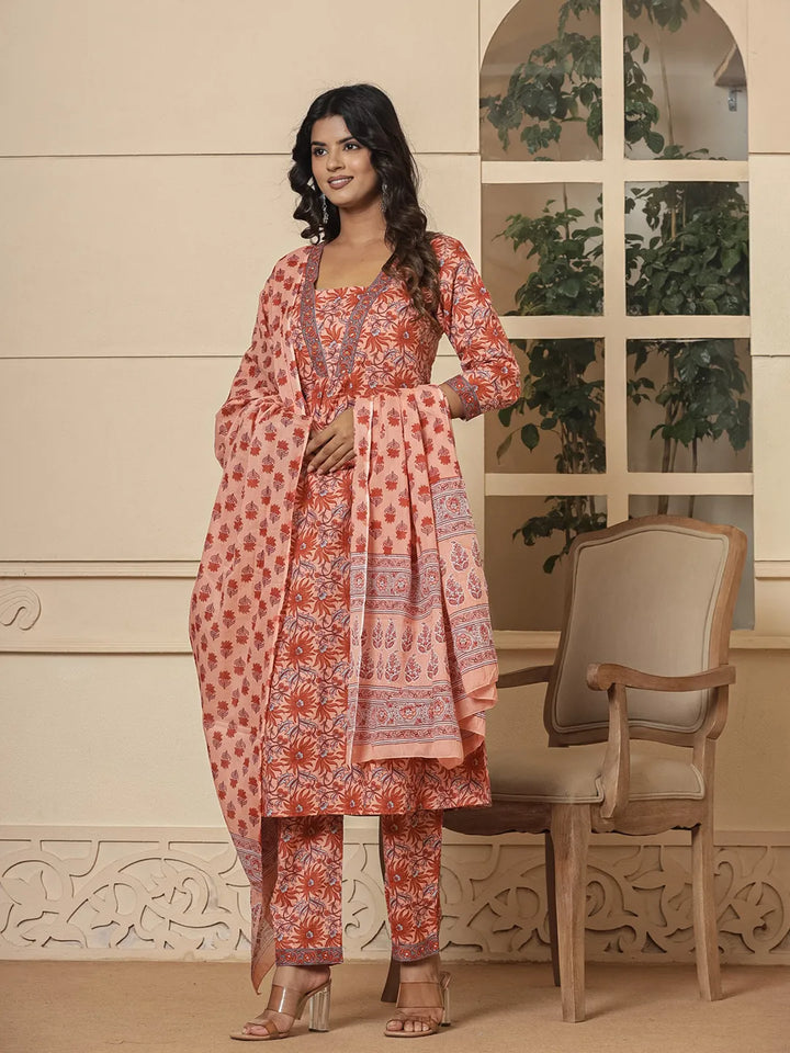 Peach Cotton Sequins Work Kurta Dupatta Set