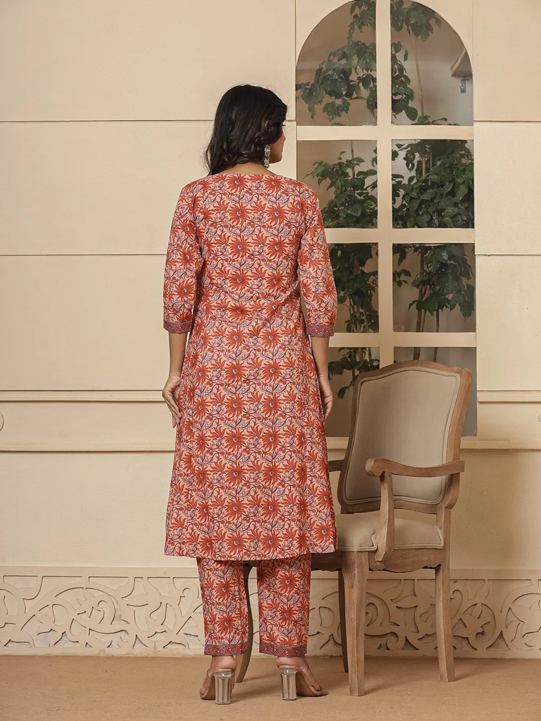 Peach Cotton Sequins Work Kurta Dupatta Set