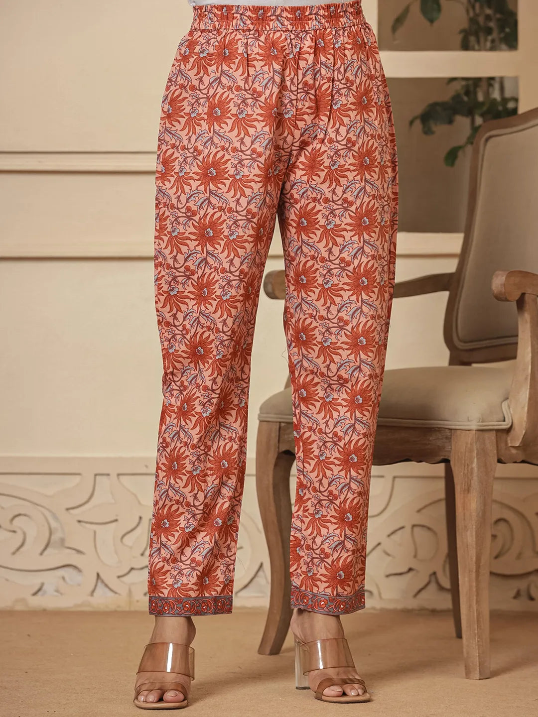 Peach Cotton Sequins Work Kurta Dupatta Set