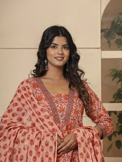 Peach Cotton Sequins Work Kurta Dupatta Set