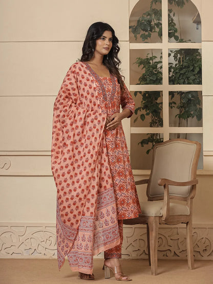 Peach Cotton Sequins Work Kurta Dupatta Set
