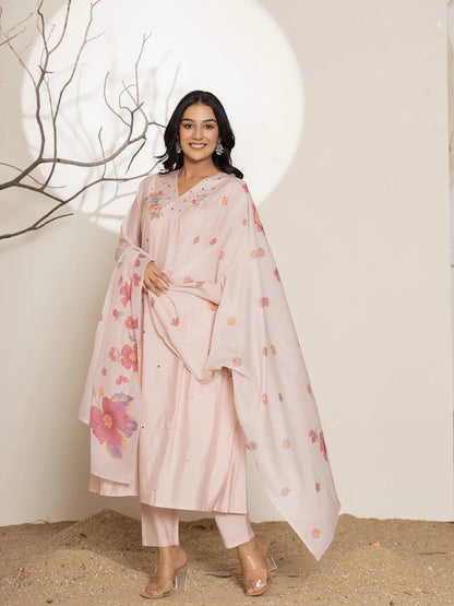 Embroidery Silk Blend A Line Kurta Dupatta Set