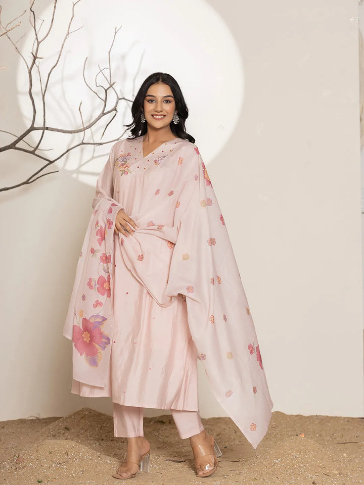 Embroidery Silk Blend A Line Kurta Dupatta Set