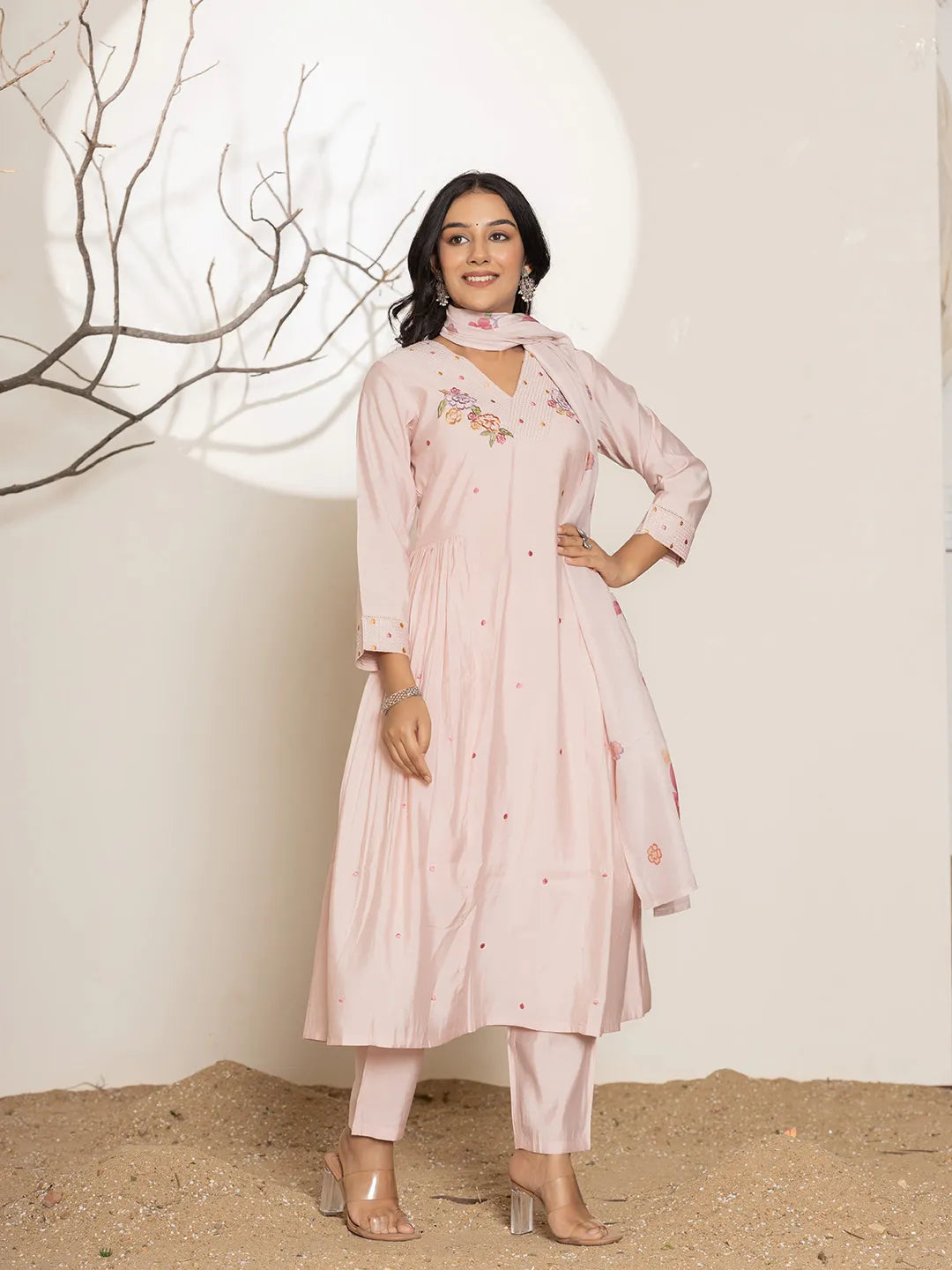 Embroidery Silk Blend A Line Kurta Dupatta Set
