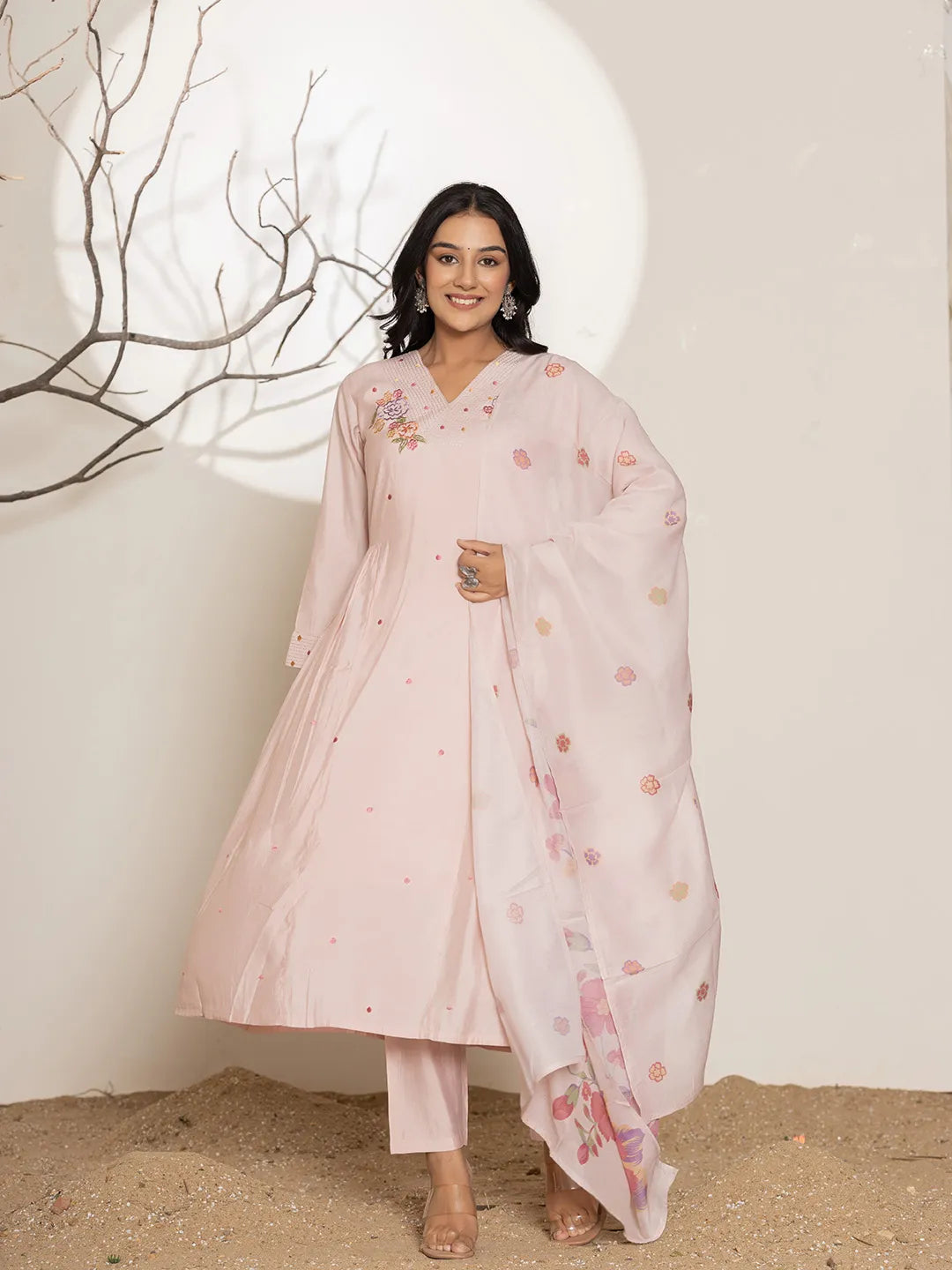 Embroidery Silk Blend A Line Kurta Dupatta Set