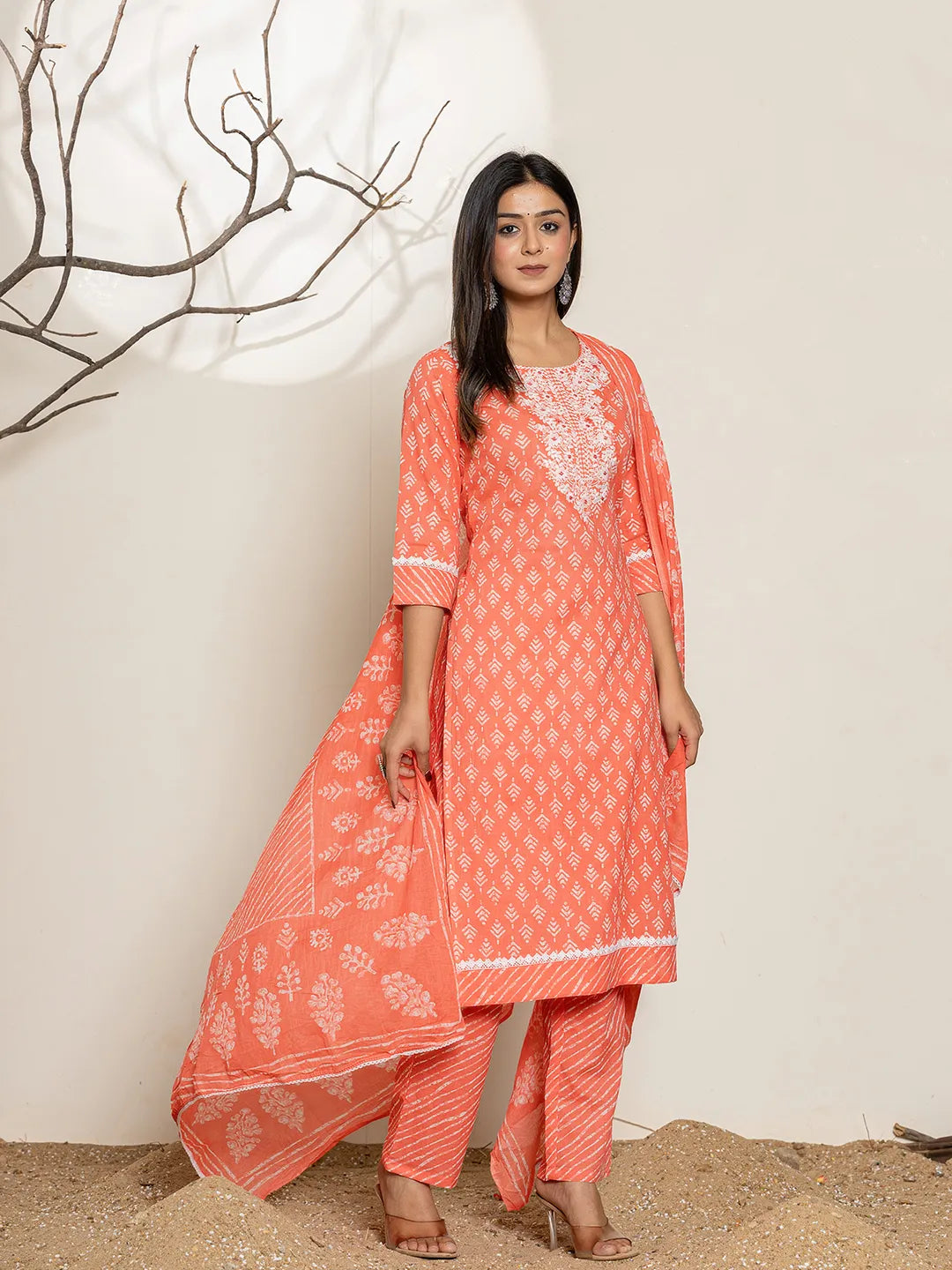 Peach Ethnic Motifs Cotton Straight Kurta Dupatta Set
