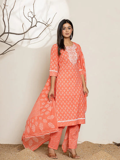 Peach Ethnic Motifs Cotton Straight Kurta Dupatta Set