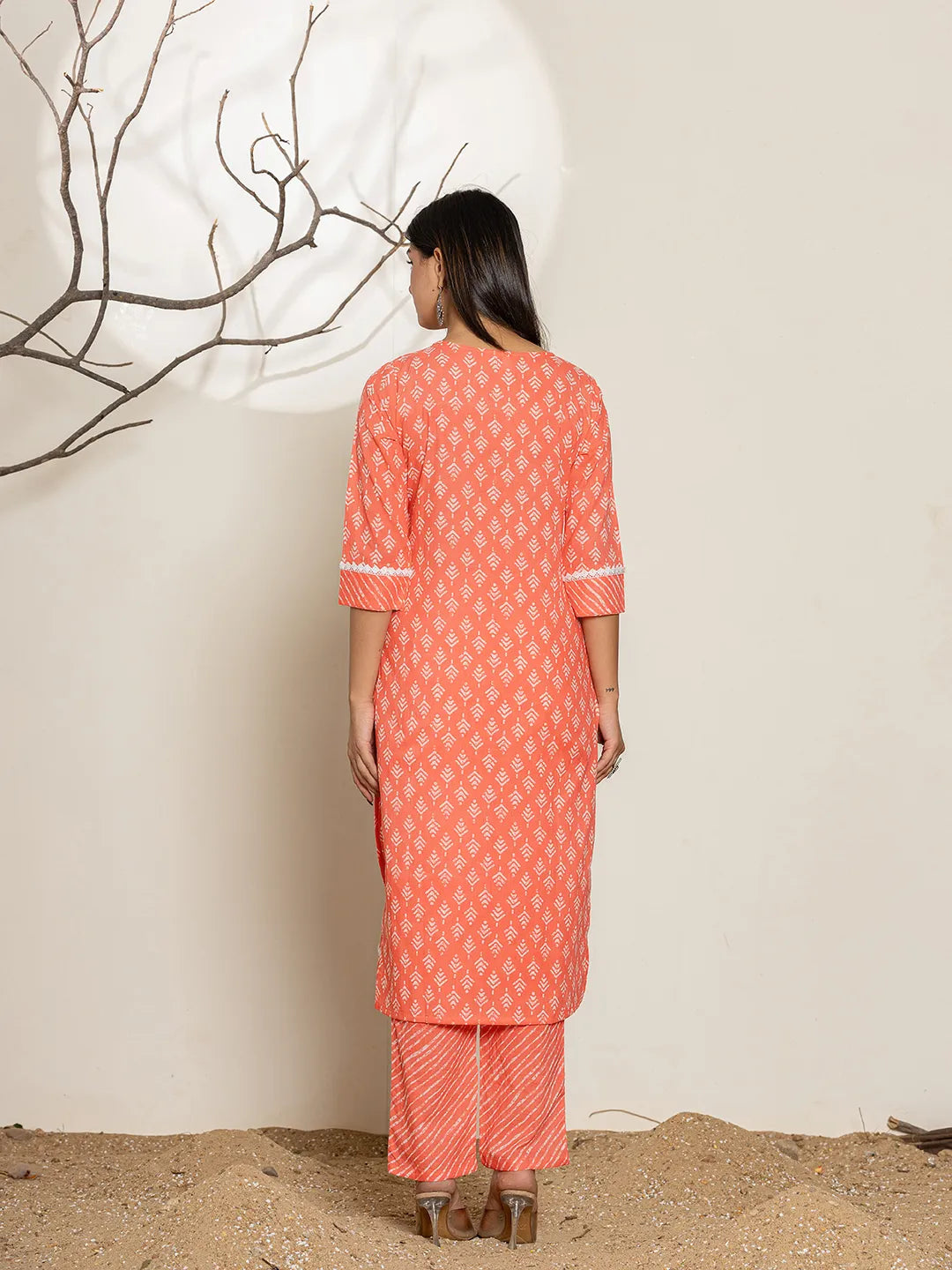 Peach Ethnic Motifs Cotton Straight Kurta Dupatta Set