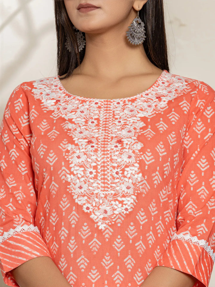 Peach Ethnic Motifs Cotton Straight Kurta Dupatta Set