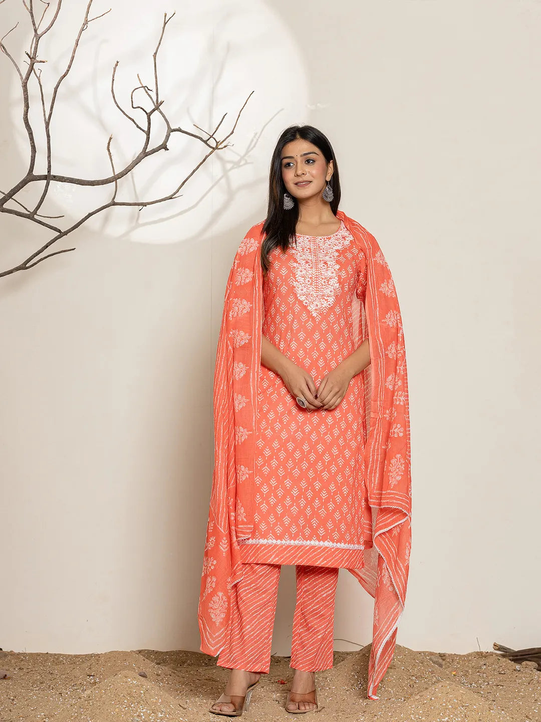 Peach Ethnic Motifs Cotton Straight Kurta Dupatta Set
