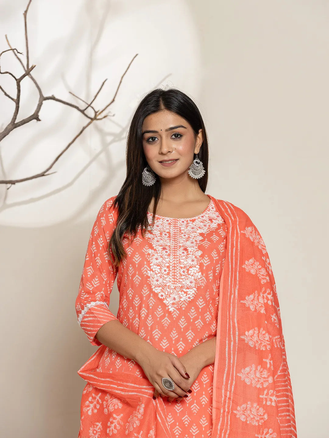 Peach Ethnic Motifs Cotton Straight Kurta Dupatta Set