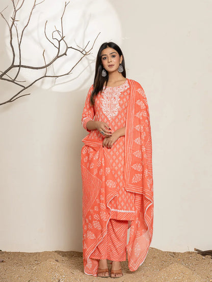 Peach Ethnic Motifs Cotton Straight Kurta Dupatta Set