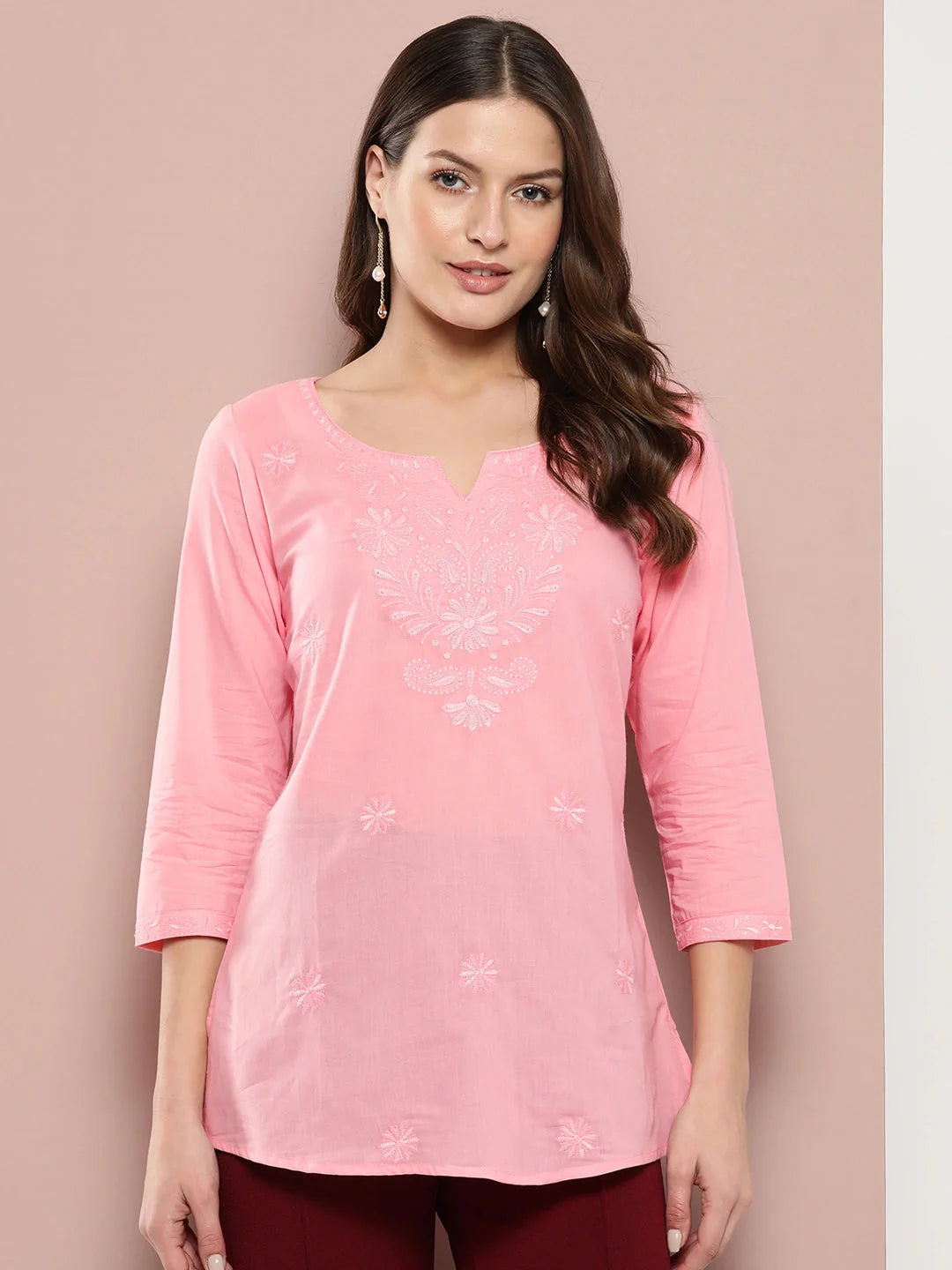 Peach Floral Chikankari Embroidered Pure Cotton Top