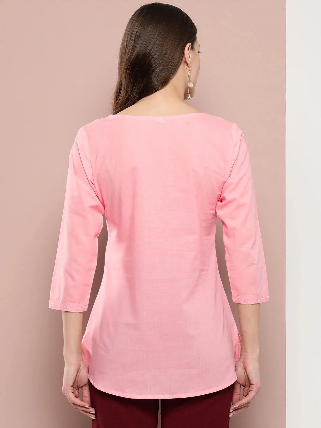 Peach Floral Chikankari Embroidered Pure Cotton Top