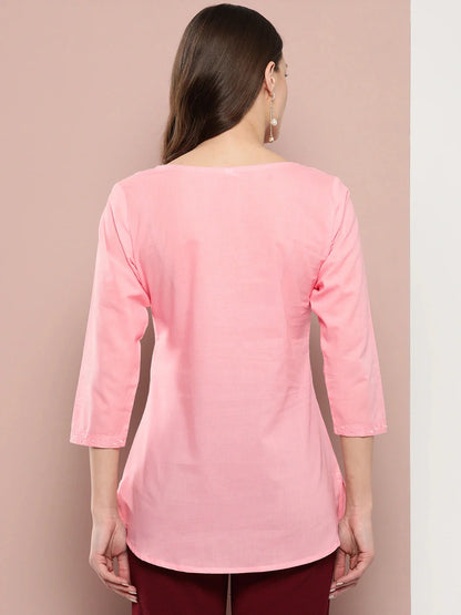 Peach Floral Chikankari Embroidered Pure Cotton Top