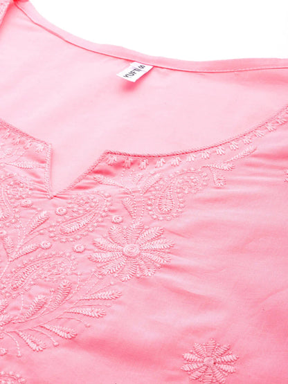 Peach Floral Chikankari Embroidered Pure Cotton Top
