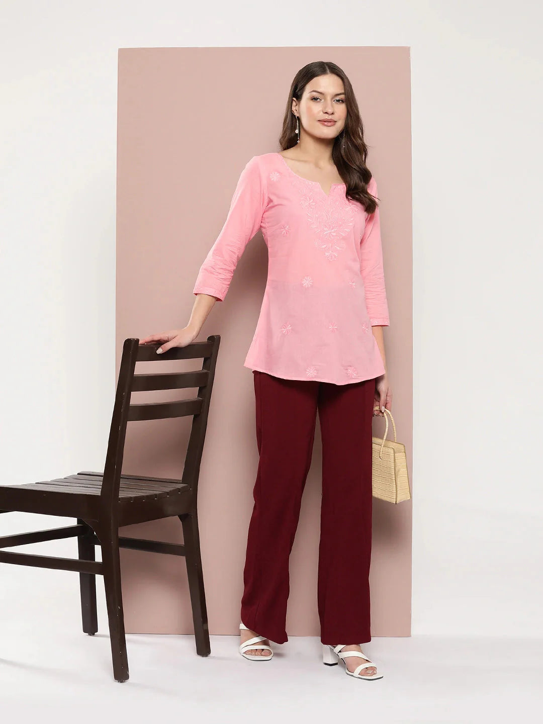 Women's Peach Cotton Peach Floral Chikankari Embroidered Pure Cotton Top by Yufta, suitable for wholesale buyers, boutiques, retailers, resellers and bulk fashion orders from Trendphoria