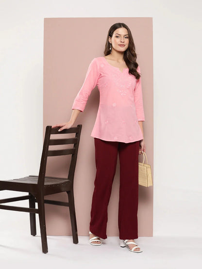 Peach Floral Chikankari Embroidered Pure Cotton Top