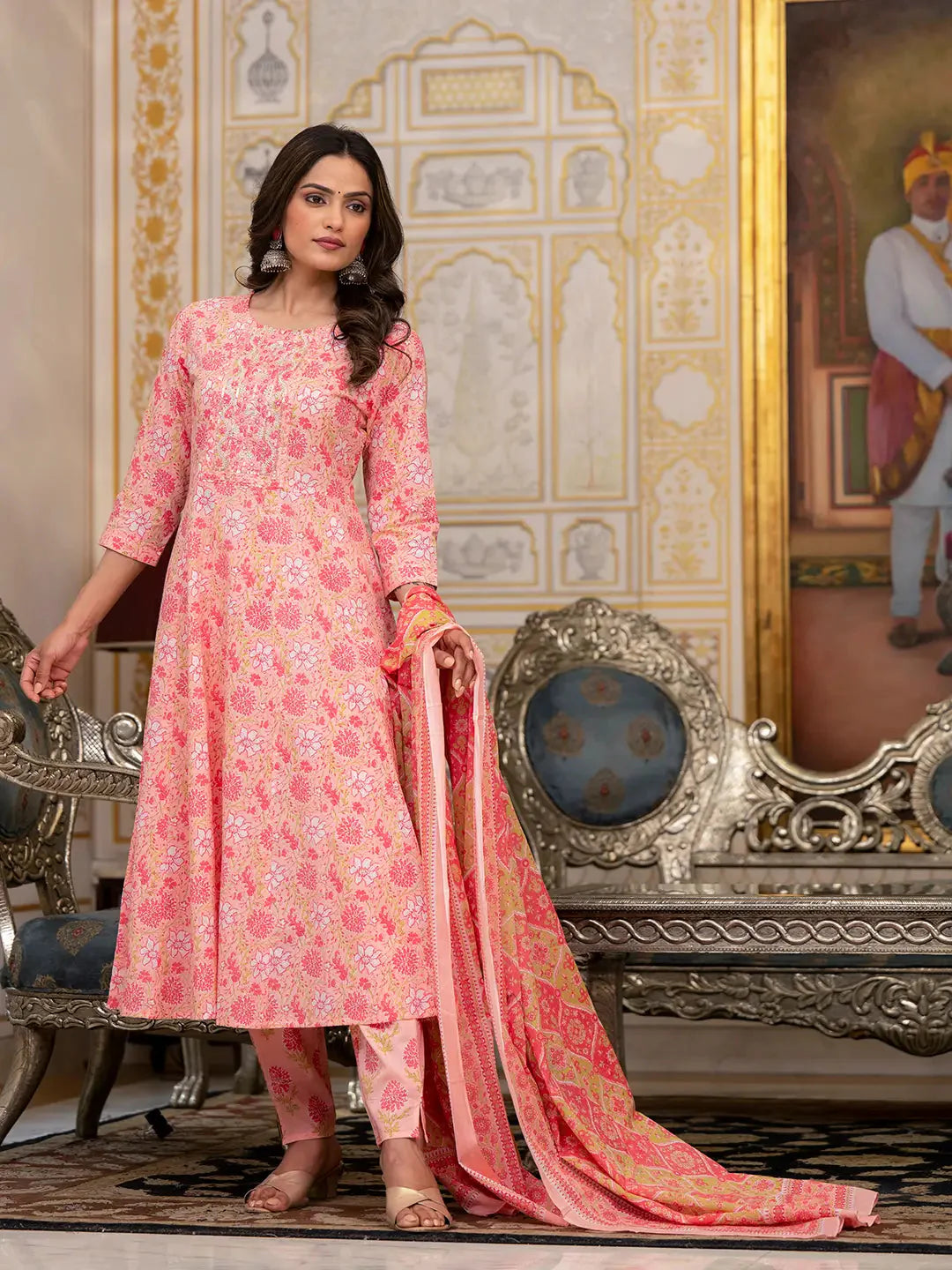Peach Floral Print Anarkali Kurta Trouser And Dupatta Set