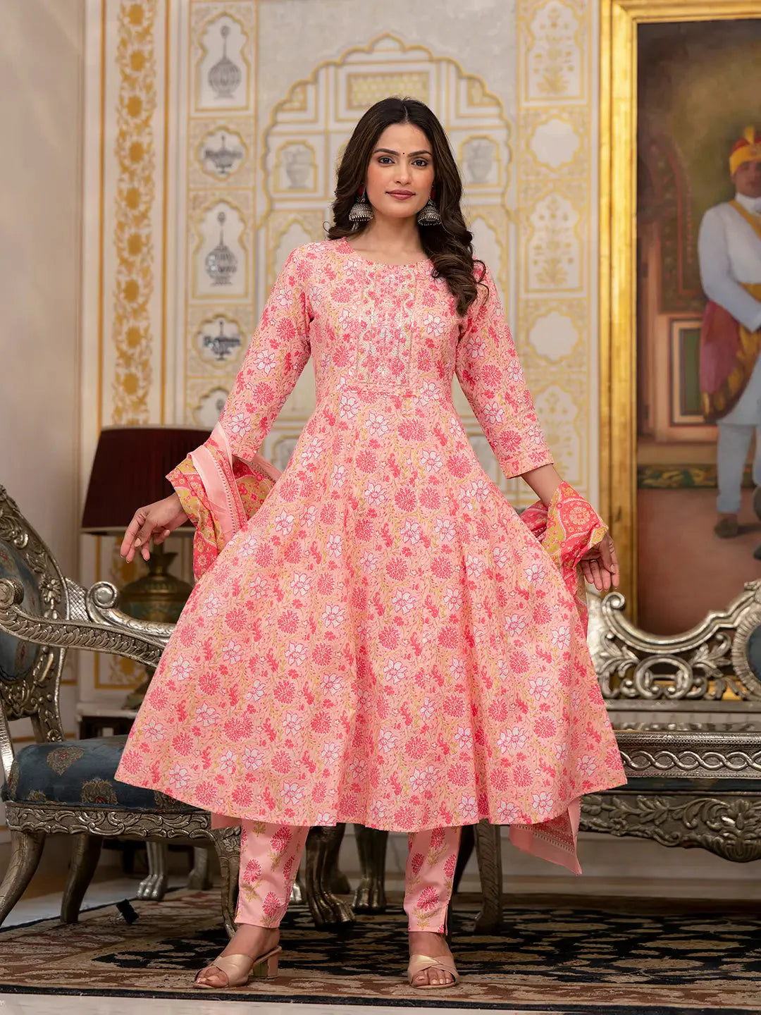 Peach Floral Print Anarkali Kurta Trouser And Dupatta Set
