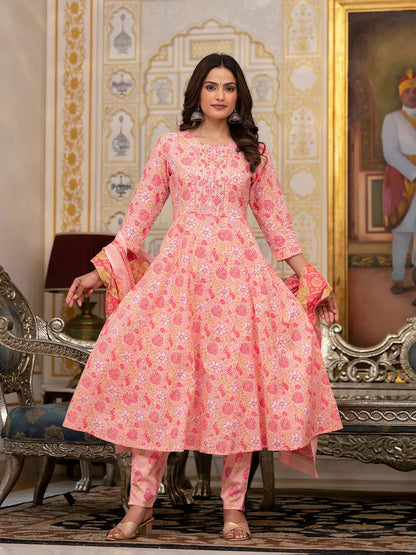 Peach Floral Print Anarkali Kurta Trouser And Dupatta Set