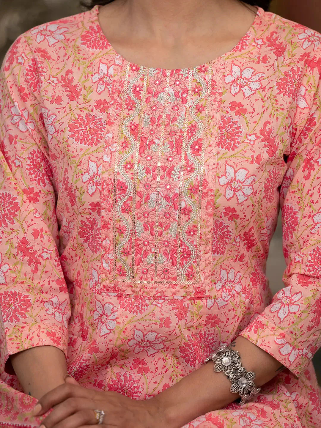 Peach Floral Print Anarkali Kurta Trouser And Dupatta Set