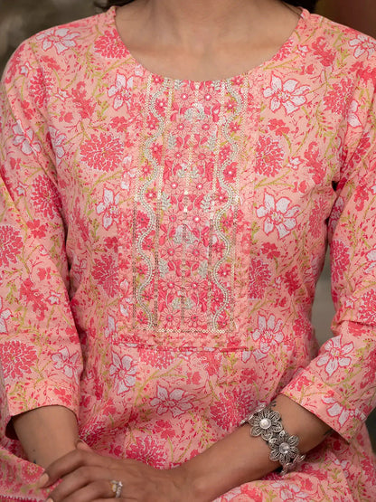 Peach Floral Print Anarkali Kurta Trouser And Dupatta Set