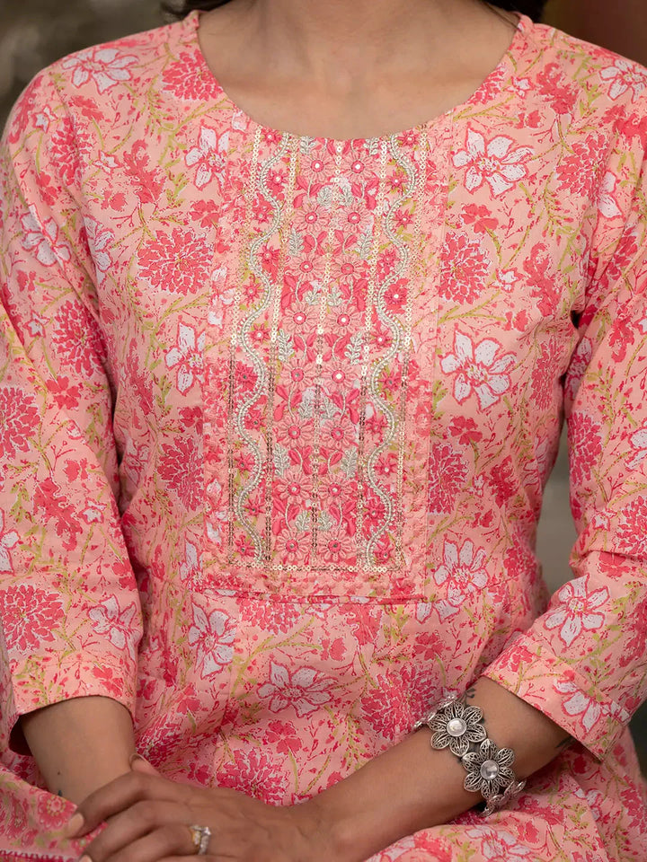 Peach Floral Print Anarkali Kurta Trouser And Dupatta Set