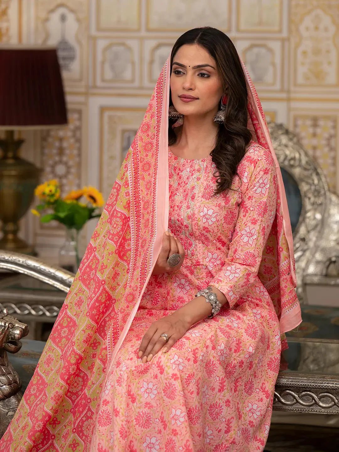 Peach Floral Print Anarkali Kurta Trouser And Dupatta Set