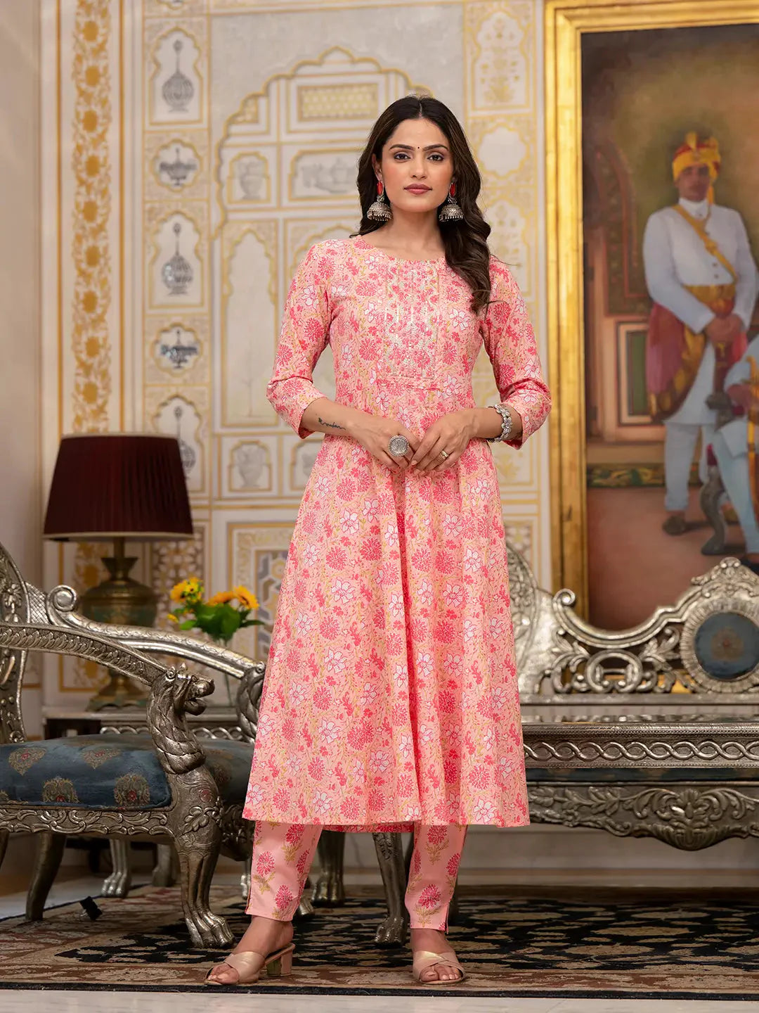 Peach Floral Print Anarkali Kurta Trouser And Dupatta Set