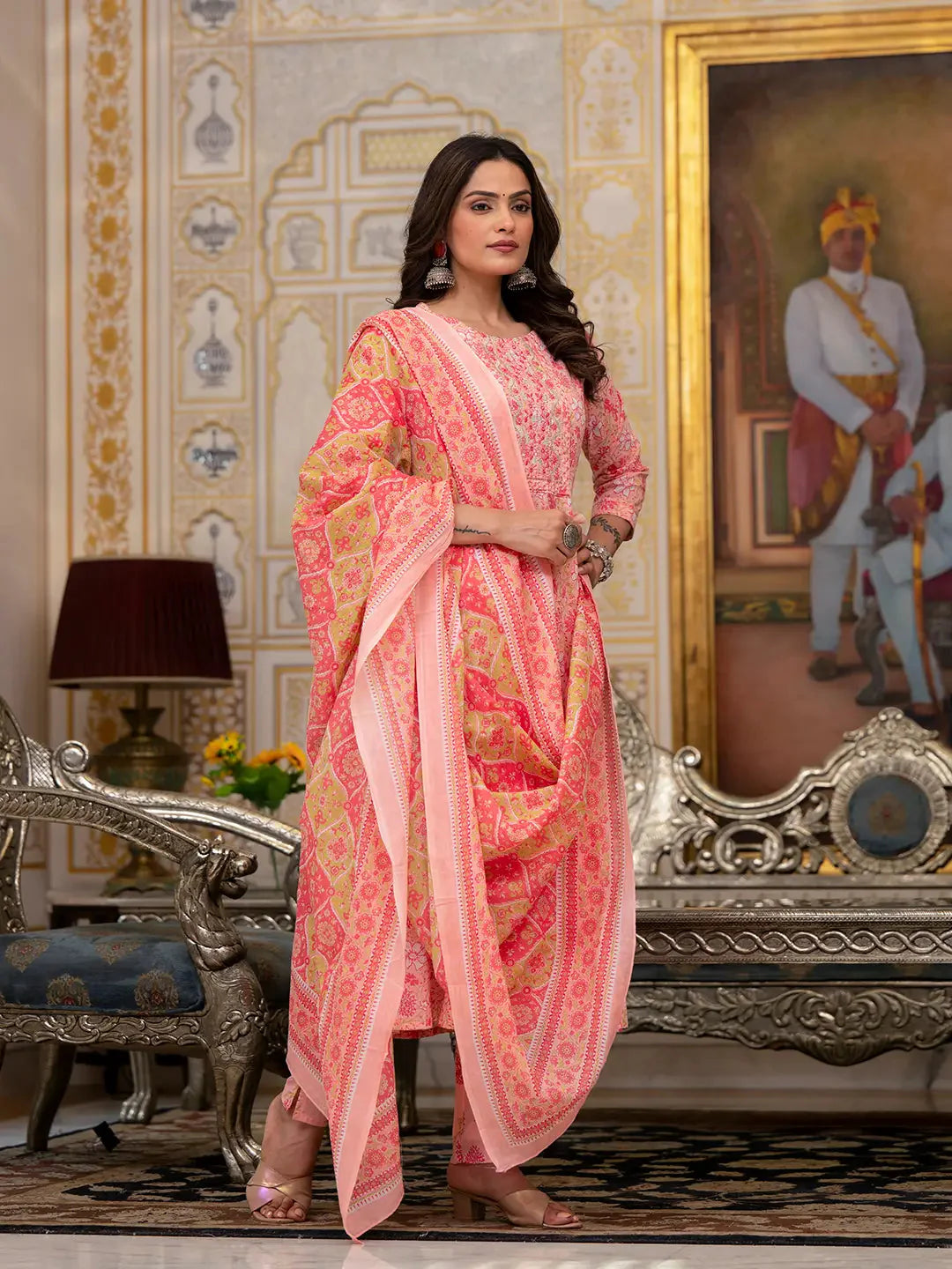 Peach Floral Print Anarkali Kurta Trouser And Dupatta Set