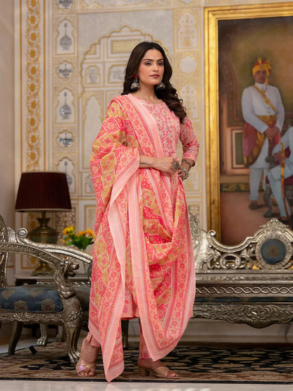 Peach Floral Print Anarkali Kurta Trouser And Dupatta Set