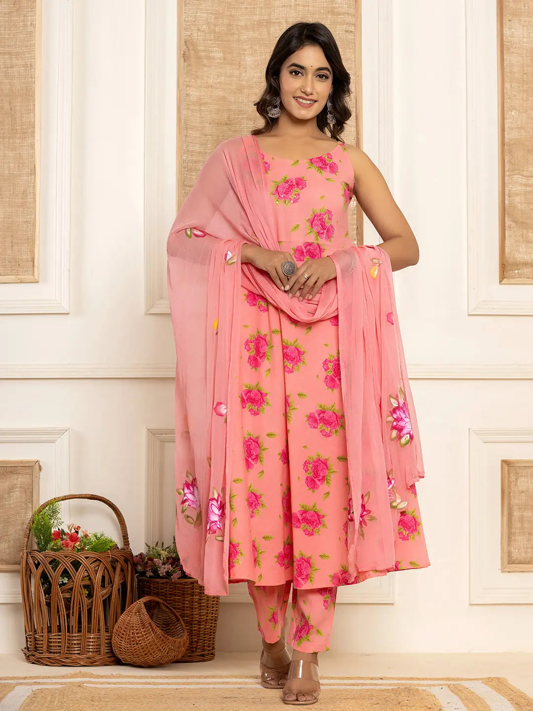 Peach Floral Print Cotton A Line Style Kurta And Trousers With Dupatta Set