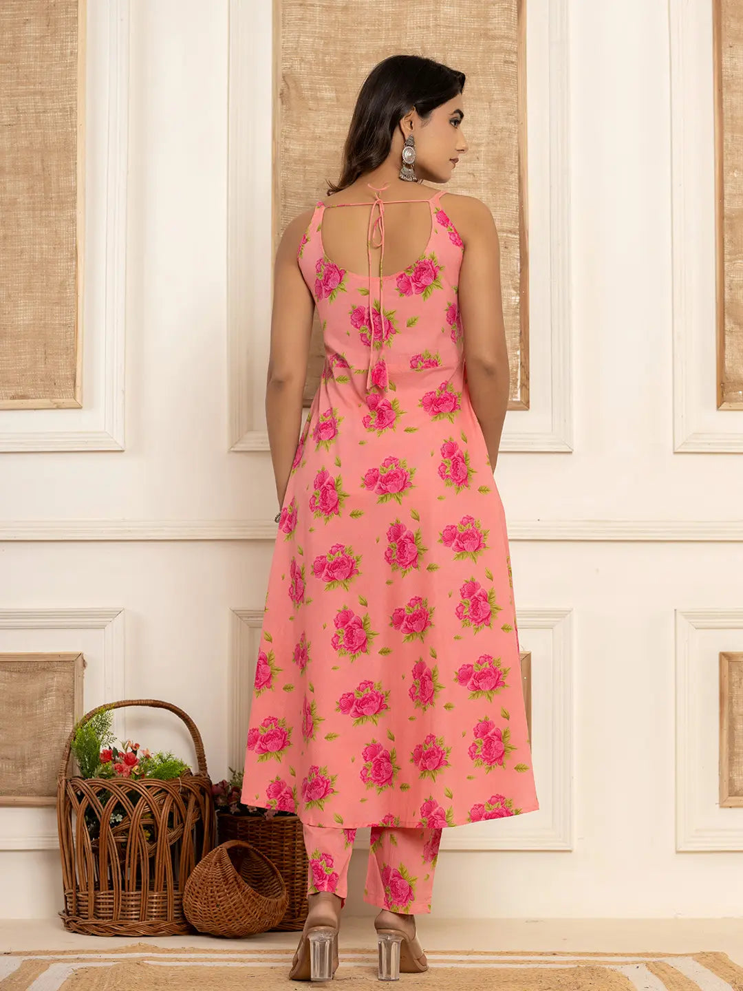 Peach Floral Print Cotton A Line Style Kurta And Trousers With Dupatta Set