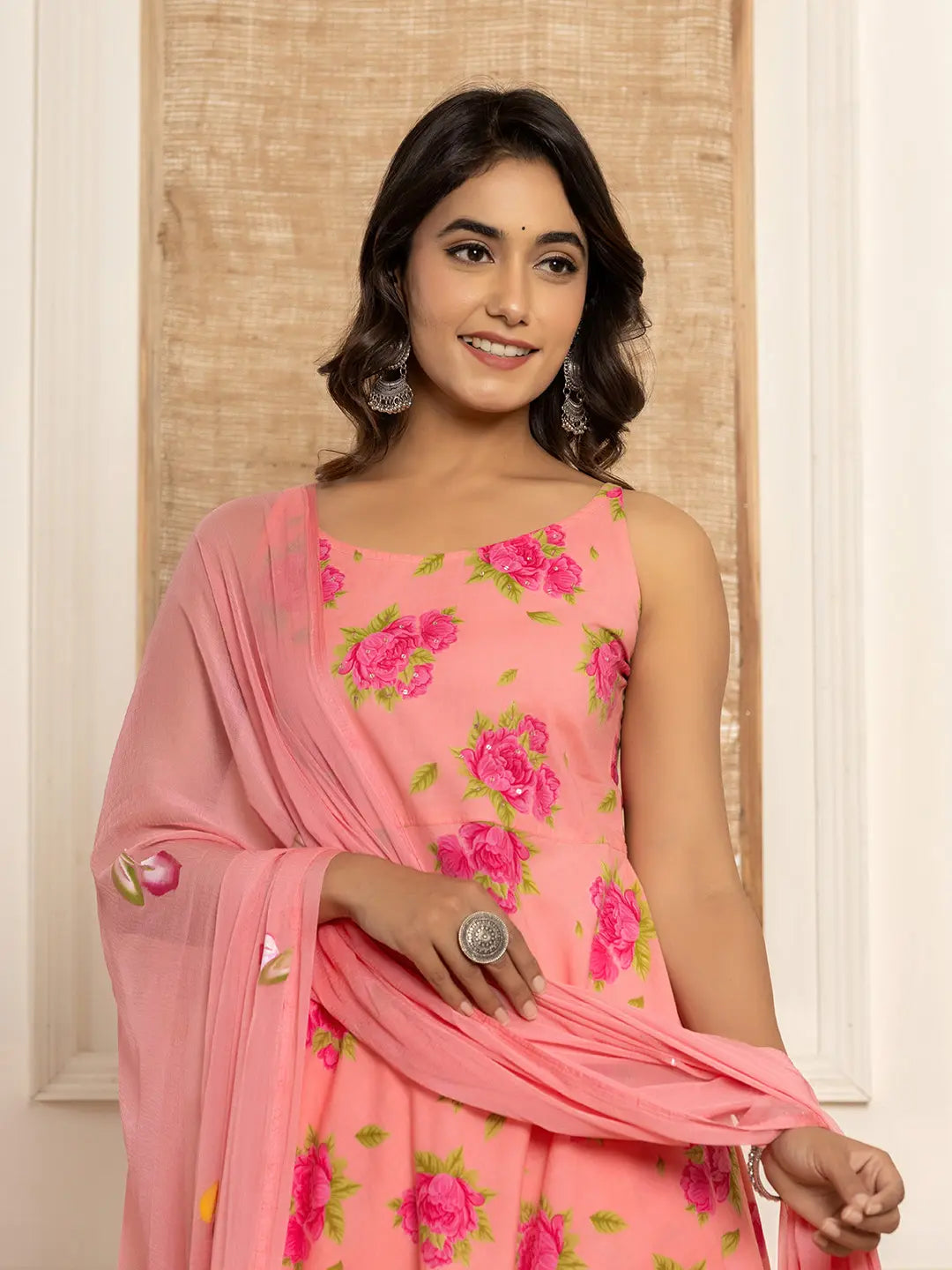 Peach Floral Print Cotton A Line Style Kurta And Trousers With Dupatta Set
