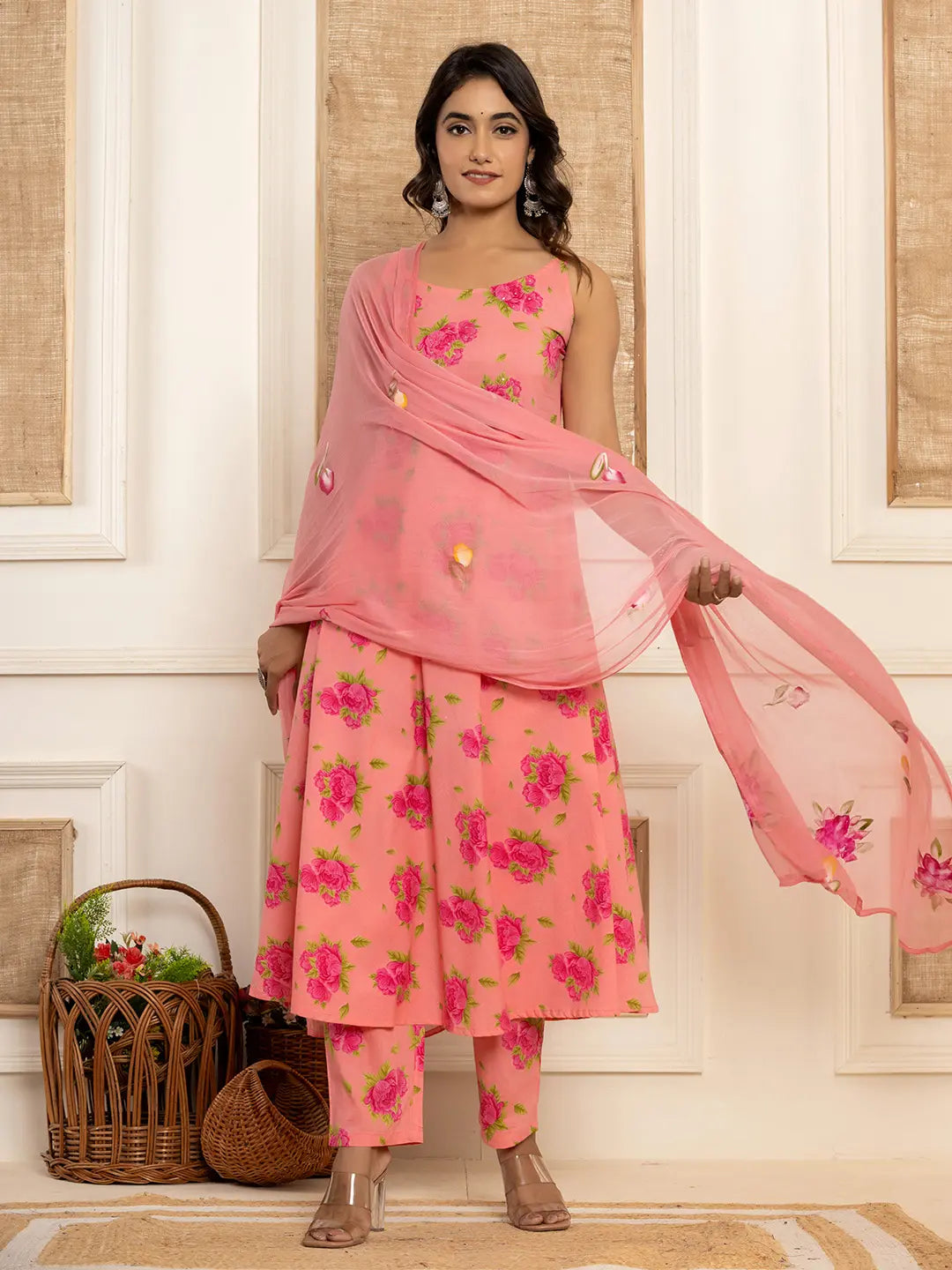 Peach Floral Print Cotton A Line Style Kurta And Trousers With Dupatta Set