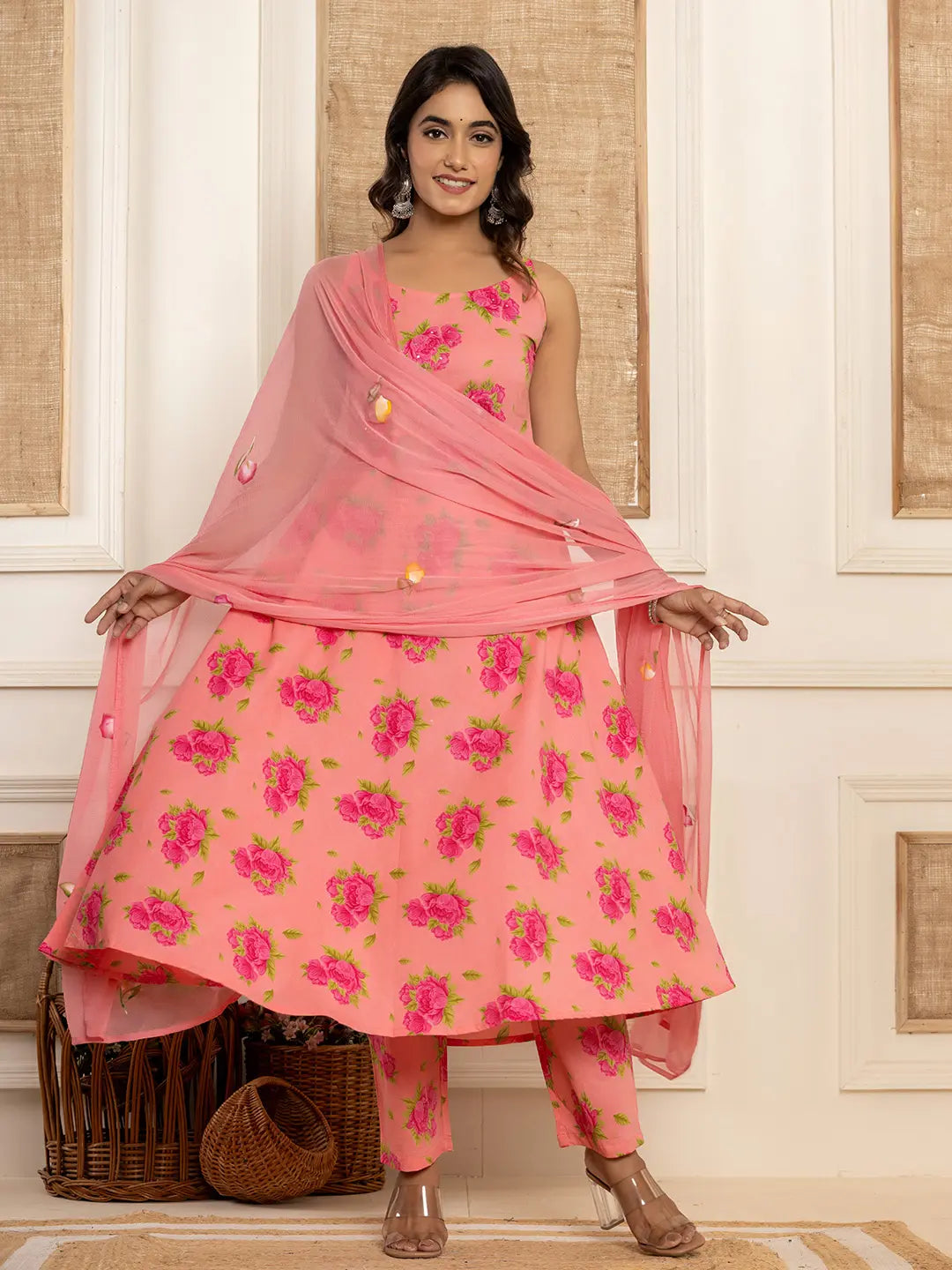 Peach Floral Print Cotton A Line Style Kurta And Trousers With Dupatta Set