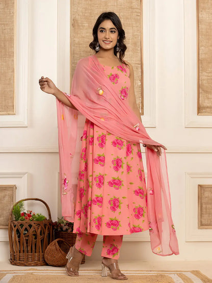 Peach Floral Print Cotton A Line Style Kurta And Trousers With Dupatta Set